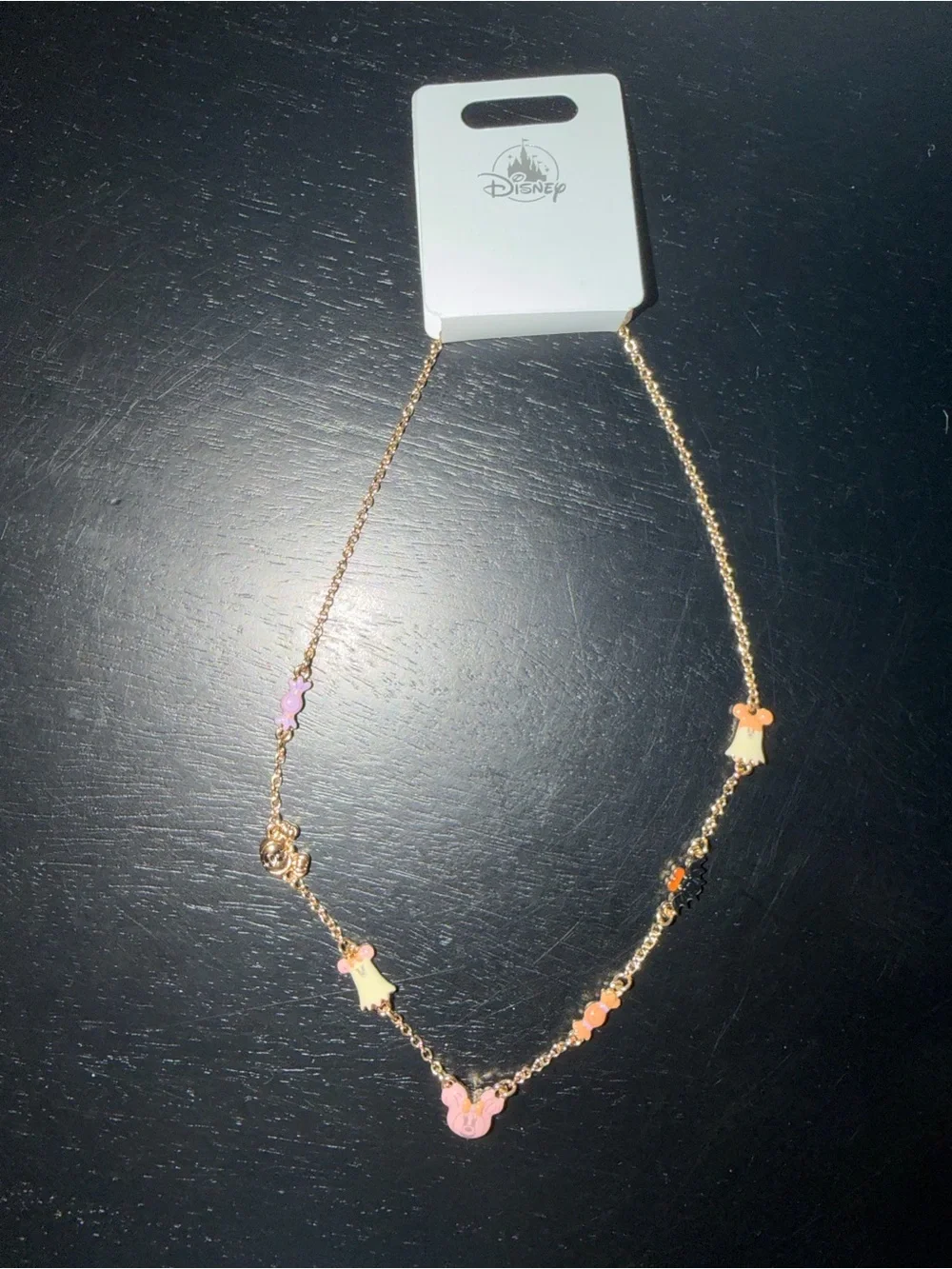 Disney Halloween Gold-Tone Necklace with Pink & orange pumpkin ghosts bat candy